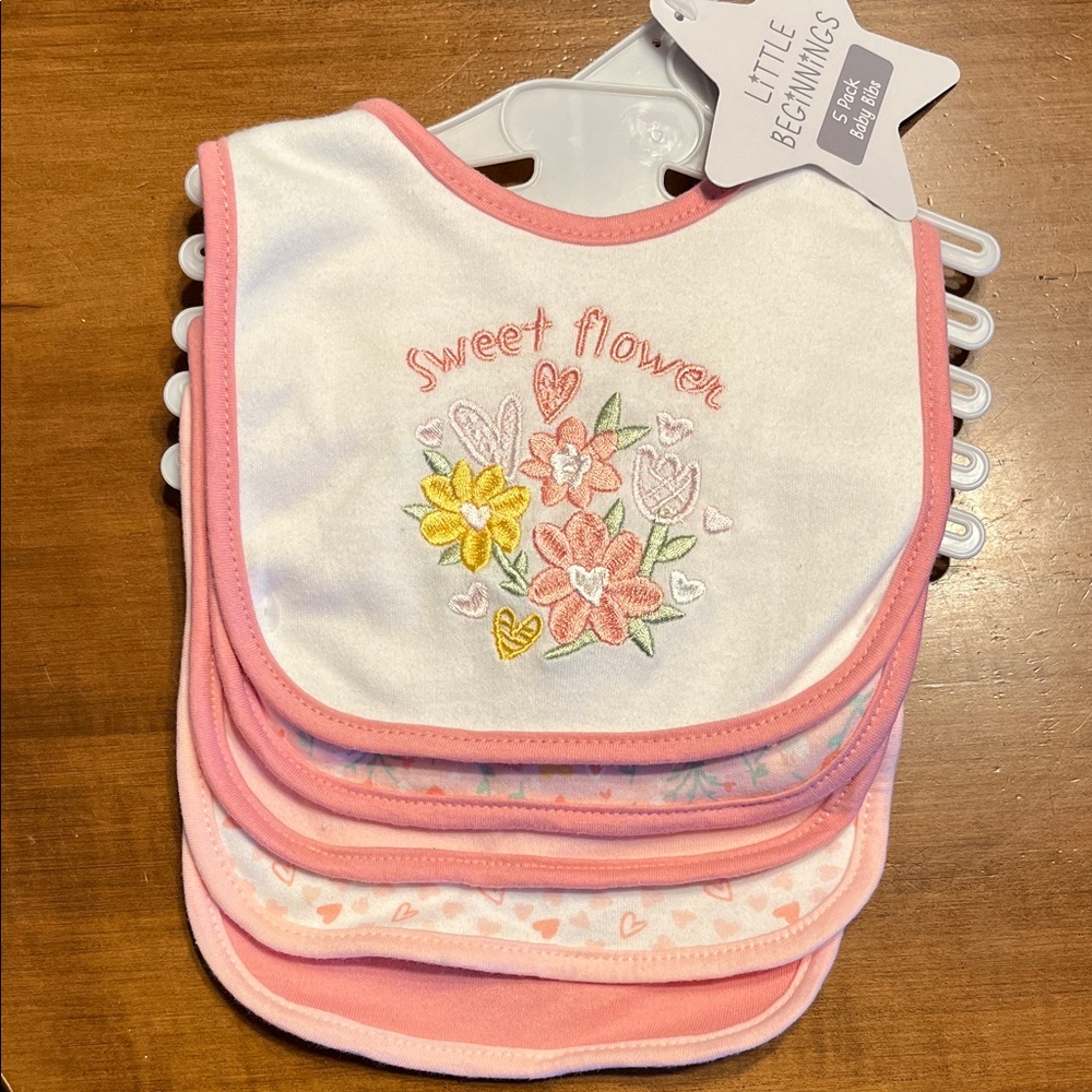 Little Beginnings Sweet Flower Bib Set - Pink and White -pack of 5
